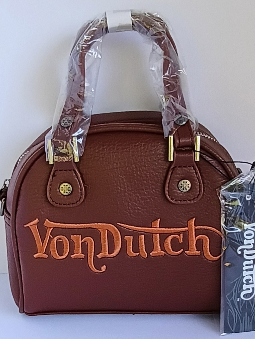 Von Dutch Chopper Cross Bowling Bag Brown Orange Y2K Mini Duffle Crossbody Purse